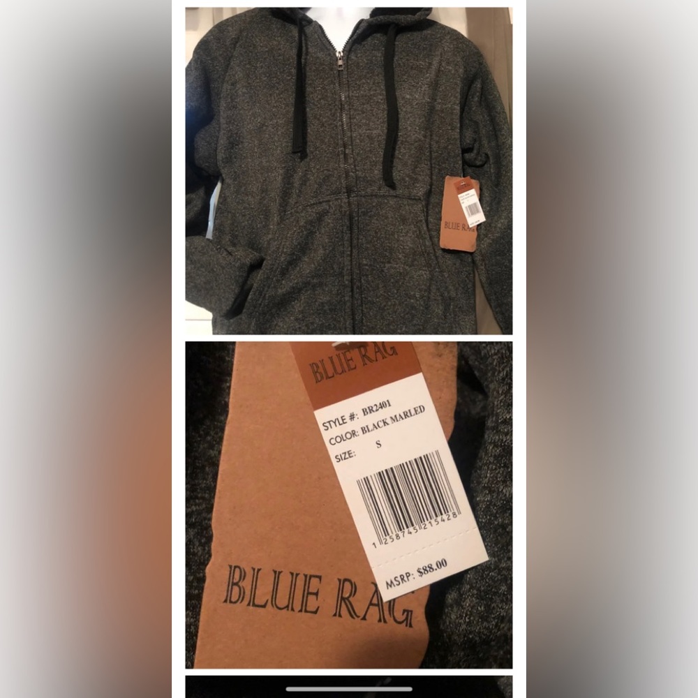 Blue Rag NWT zipper Hoodie Small color black marbled very warm interior - Picture 2 of 7